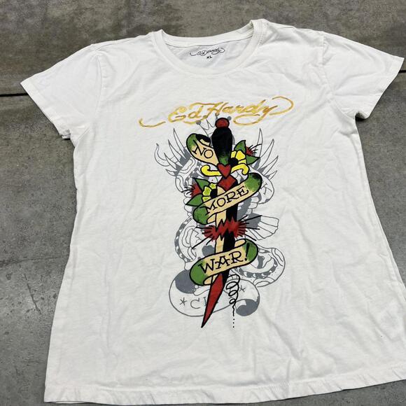 vintage ed hardy no more war snake white tribal print shirt size xl WOMENS - Picture 2 of 4